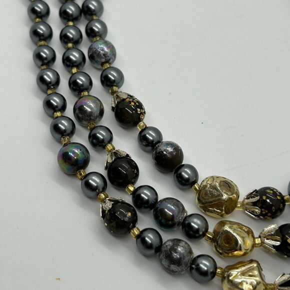 Vintage Three-Strand Gray Gold Iridescent Bead Faux & Pearls Prom Formal - Picture 8 of 16